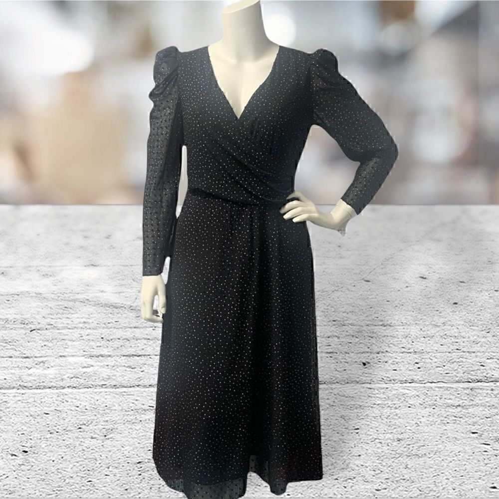 Julia Jordan Long Puff‎ Sleeve Black & Gold V Neck Dress